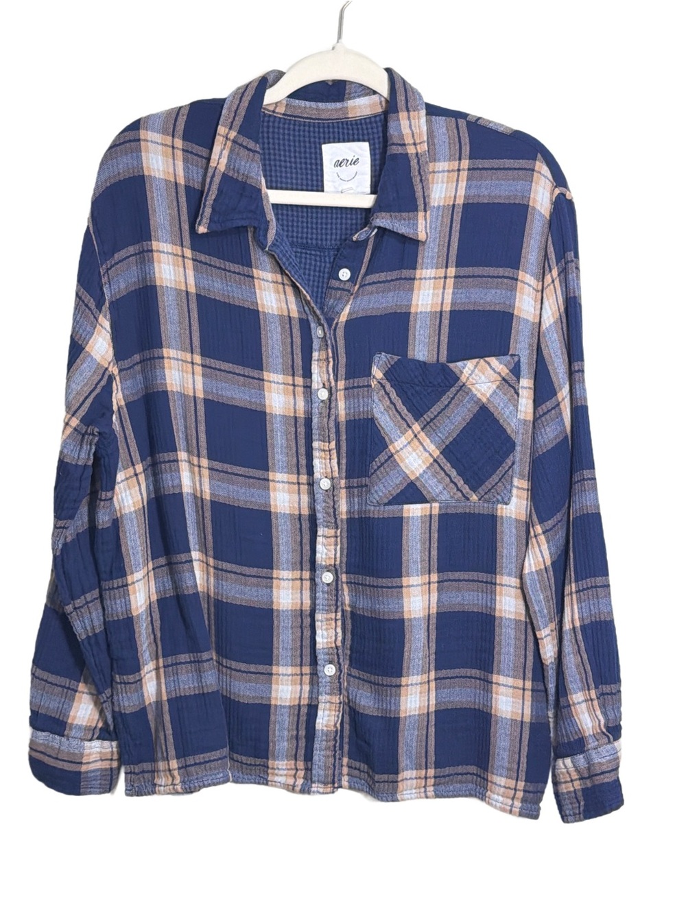 aerie Navy Blue Plaid Button-Down Shirt with Tan Accents - Picture 2 of 8